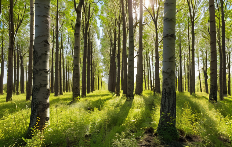 A meticulously managed carbon sequestration forest, showcasing diverse, fast-growing species such as **Poplar (Populus spp.)** and long-lived **Oak (Quercus spp.)**. The image emphasizes a scientific, strategic planting approach with healthy, rich soil and lush, vibrant foliage, transcending simple reforestation. Sunlight filters through dense canopies, highlighting the profound impact of well-planned ecosystems. High detail, natural lighting.