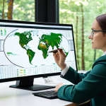 A focused, adult professional environmental scientist, fully clothed in modest business attire, seated at a sleek, modern desk. The scientist is meticulously analyzing complex digital data on a large monitor, displaying intricate forest management maps, carbon sequestration graphs, and ecological models. A tablet is in one hand, while the other rests thoughtfully on the desk. The background is a bright, contemporary office space with soft, natural lighting, subtly blurred green foliage visible through a large window, suggesting an outdoor connection. The scene conveys deep thought and strategic planning. Professional photography, high detail, perfect anatomy, correct proportions, natural pose, well-formed hands, proper finger count, natural body proportions, safe for work, appropriate content, fully clothed, professional.