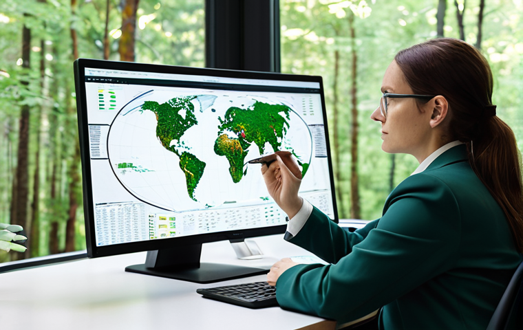 A focused, adult professional environmental scientist, fully clothed in modest business attire, seated at a sleek, modern desk. The scientist is meticulously analyzing complex digital data on a large monitor, displaying intricate forest management maps, carbon sequestration graphs, and ecological models. A tablet is in one hand, while the other rests thoughtfully on the desk. The background is a bright, contemporary office space with soft, natural lighting, subtly blurred green foliage visible through a large window, suggesting an outdoor connection. The scene conveys deep thought and strategic planning. Professional photography, high detail, perfect anatomy, correct proportions, natural pose, well-formed hands, proper finger count, natural body proportions, safe for work, appropriate content, fully clothed, professional.