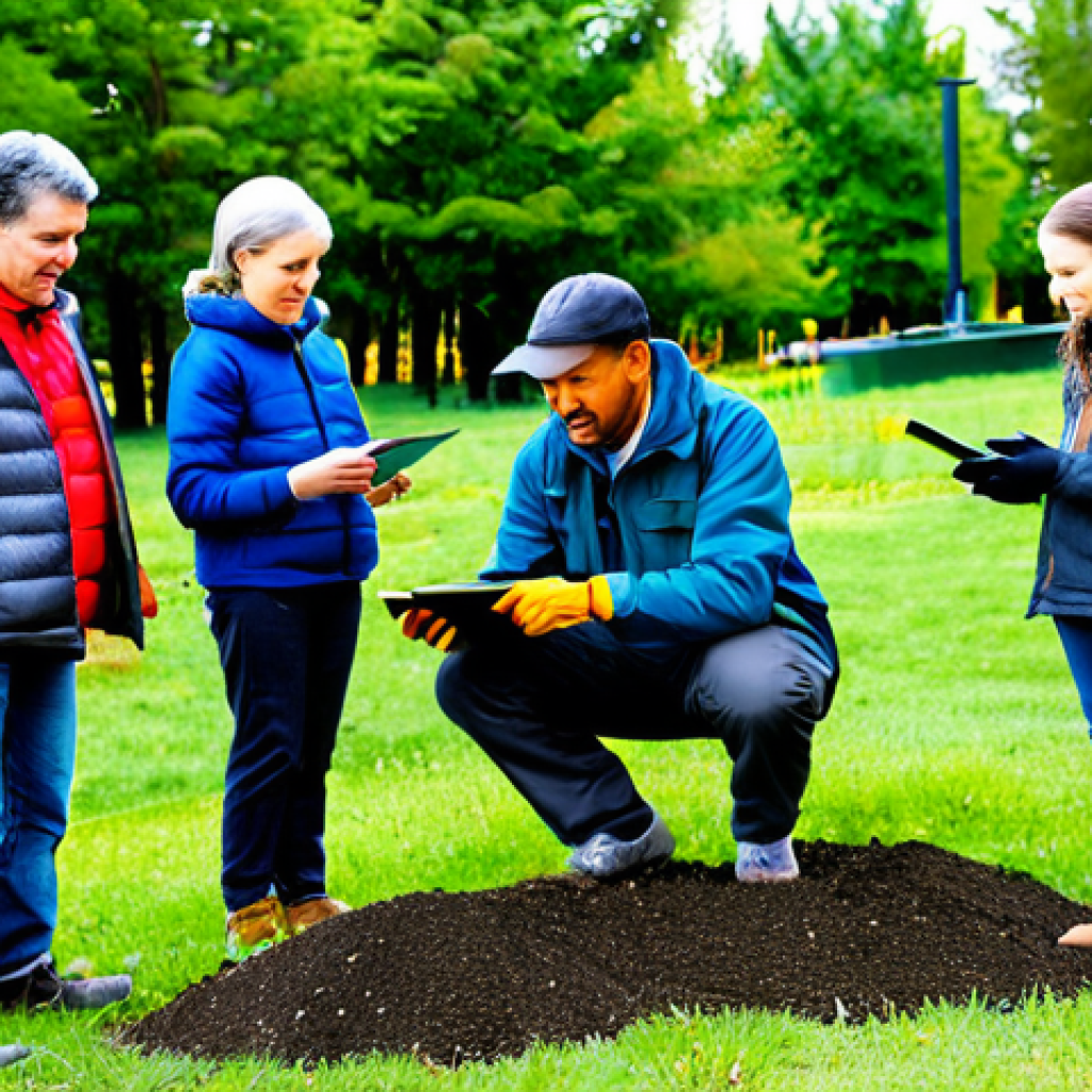 A diverse group of community members, including adults and younger generations, actively participating in a carbon sequestration tree planting program. They are fully clothed in modest, appropriate attire, wearing gardening gloves and practical outdoor clothing. A professional environmental expert in a clean field jacket is explaining something on a tablet displaying soil data and tree species information, while others are carefully planting young saplings in healthy soil in a community park. The scene emphasizes hands-on learning and collaboration. The background shows newly planted trees and a well-maintained green space. Perfect anatomy, correct proportions, natural poses, well-formed hands, proper finger count, natural body proportions. Professional photography, high quality, natural daylight, safe for work, appropriate content, fully clothed, family-friendly.