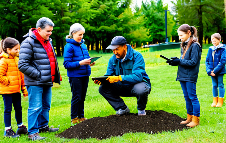 A diverse group of community members, including adults and younger generations, actively participating in a carbon sequestration tree planting program. They are fully clothed in modest, appropriate attire, wearing gardening gloves and practical outdoor clothing. A professional environmental expert in a clean field jacket is explaining something on a tablet displaying soil data and tree species information, while others are carefully planting young saplings in healthy soil in a community park. The scene emphasizes hands-on learning and collaboration. The background shows newly planted trees and a well-maintained green space. Perfect anatomy, correct proportions, natural poses, well-formed hands, proper finger count, natural body proportions. Professional photography, high quality, natural daylight, safe for work, appropriate content, fully clothed, family-friendly.