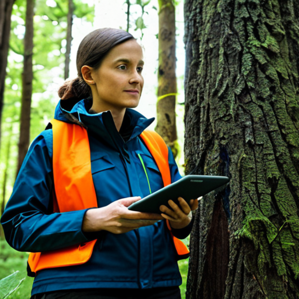 A professional female forest scientist, fully clothed in modest, durable outdoor research attire, stands confidently in a lush, healthy, and diverse forest. She holds a rugged tablet, displaying an interactive map with real-time data visualizations of tree growth, soil moisture, and climate patterns. A compact, futuristic drone hovers quietly above the canopy, and subtle, integrated IoT sensors are visible on some tree trunks, indicating advanced monitoring. The sunlight filters gently through the leaves of various climate-resilient tree species, showcasing a vibrant and thriving ecosystem managed by smart technology. This image emphasizes the harmonious coexistence of human ingenuity, advanced technology, and nature, illustrating effective climate adaptation strategies. Safe for work, appropriate content, fully clothed, professional, perfect anatomy, correct proportions, natural pose, well-formed hands, proper finger count, natural body proportions, high quality, detailed, realistic photography, natural lighting.