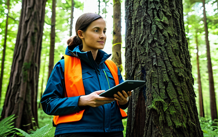 A professional female forest scientist, fully clothed in modest, durable outdoor research attire, stands confidently in a lush, healthy, and diverse forest. She holds a rugged tablet, displaying an interactive map with real-time data visualizations of tree growth, soil moisture, and climate patterns. A compact, futuristic drone hovers quietly above the canopy, and subtle, integrated IoT sensors are visible on some tree trunks, indicating advanced monitoring. The sunlight filters gently through the leaves of various climate-resilient tree species, showcasing a vibrant and thriving ecosystem managed by smart technology. This image emphasizes the harmonious coexistence of human ingenuity, advanced technology, and nature, illustrating effective climate adaptation strategies. Safe for work, appropriate content, fully clothed, professional, perfect anatomy, correct proportions, natural pose, well-formed hands, proper finger count, natural body proportions, high quality, detailed, realistic photography, natural lighting.