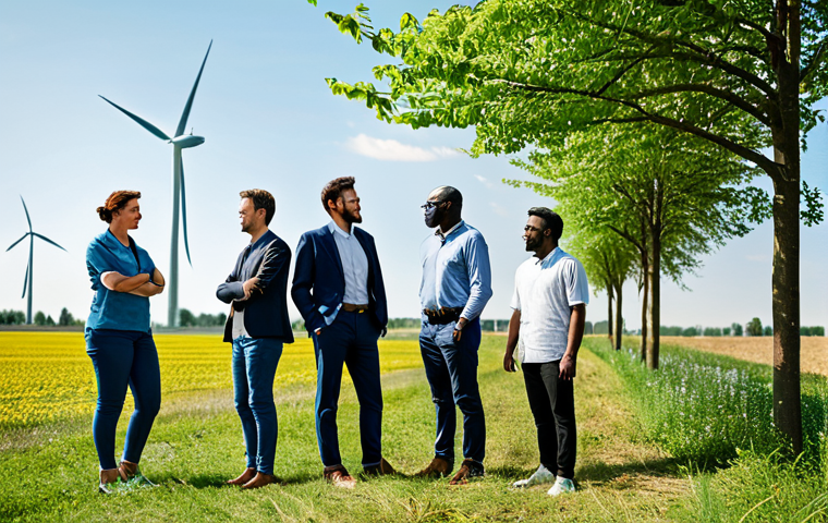 탄소 격리 식재 프로젝트의 지속 가능한 솔루션 - **Prompt:** "A diverse group of people planting trees together in a sunny, revitalized field, wearin...