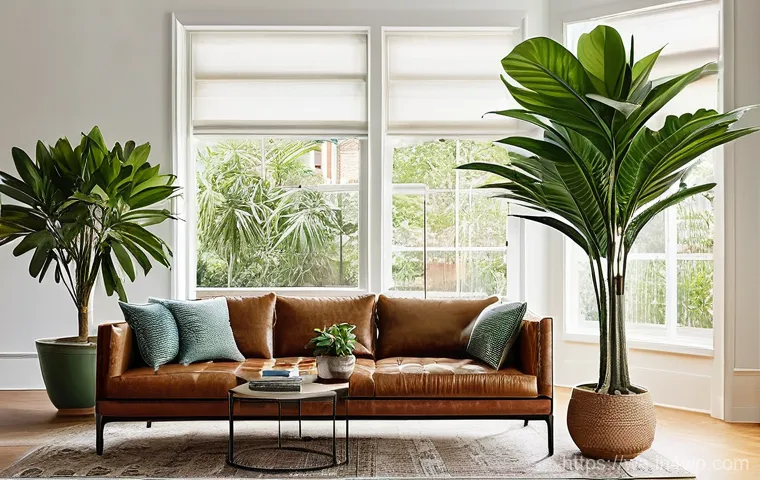 탄소 격리 식재를 위한 적합한 식물 종류 - **Prompt:** A bright, modern living room filled with various lush carbon-sequestering houseplants. A...