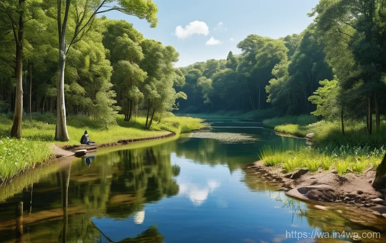 탄소 격리 식재의 생태계 서비스 가치 분석 - A serene and vibrant landscape illustrating diverse ecosystem services. In the foreground, a clear r...