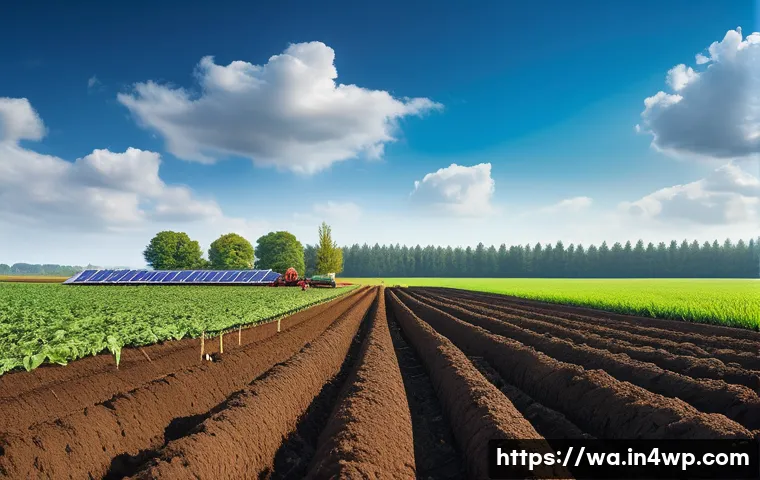 탄소 격리 식재 프로젝트의 지속가능한 관리 방법 - A vibrant, lush green agricultural field under a clear blue sky. In the foreground, a diverse group ...