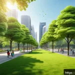 Home 18 탄소 격리 식재 프로젝트의 시뮬레이션 기법 - A detailed urban forest scene in a modern city park showcasing diverse tree species of varying sizes...