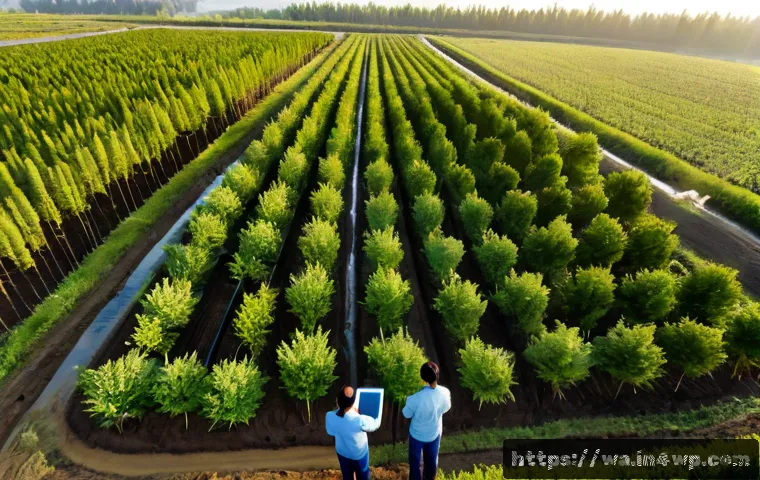Home 17 탄소 격리 식재 프로젝트의 최적 운영 전략 - Photorealistic aerial view of a well-organized carbon sequestration planting project, diverse rows o...